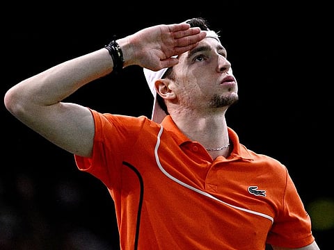 France's Ugo Humbert celebrates after victory over Russia's Karen Khachanov after their men's singles semi final match on day six of the Paris ATP Masters 1000 tennis tournament at the Accor Arena - Palais Omnisports de Paris-Bercy - in Paris on November 2, 2024. 