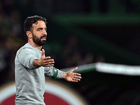 Sporting Lisbon's Portuguese coach Ruben Amorim reacts during the Portuguese League football match between Sporting CP and CF Estrela da Amadora at the Jose Alvalade stadium in Lisbon, on November 1, 2024. 