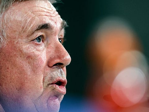 Real Madrid's Carlo Ancelotti attends a press conference on the eve of their Uefa Champions League match against AC Milan at the club's training facilities on Monday.
