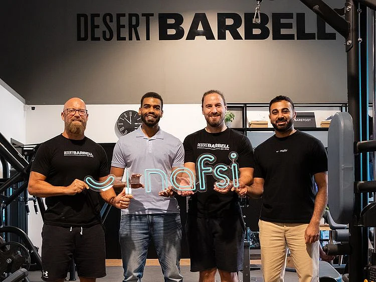 From left to right: Patrik Hedqvist, Head Coach and Co-founder of Desert Barbell; Tayeb Hassan, Co-founder and CEO of Nafsi; Marco Cipolat, General Manager and Co-founder of Desert Barbell; and Amaan Khullar, Co-founder and CTO of Nafsi 