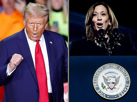 Left: Former US President and Republican presidential candidate Donald Trump speaks during a campaign rally at Van Andel Arena in Grand Rapids, Michigan on November 4, 2024.  Right: US Vice President Kamala Harris speaks during a campaign event outside the Philadelphia Museum of Art in Philadelphia, Pennsylvania, on November 4, 2024.   