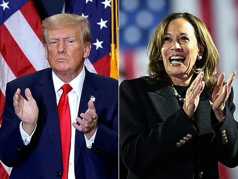 This combination of pictures created on November 4, 2024 shows former US President and 2024 presidential hopeful Donald Trump in Waterloo, Iowa, on December 19, 2023 and US Vice President and Democratic presidential candidate Kamala Harris in Philadelphia, Pennsylvania on November 4, 2024.