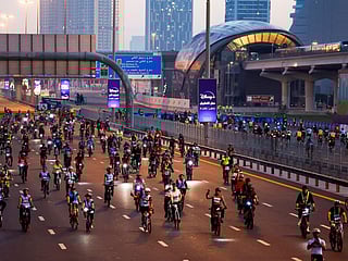 The iconic Sheikh Zayed Road closes to morning traffic and turns into a giant cycling track to promote community health during Dubai Ride in 2023 as part of Dubai Fitness Challenge.
