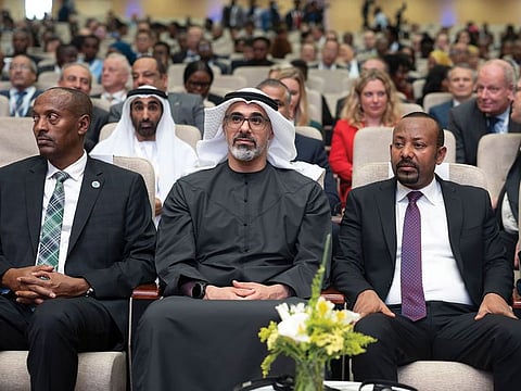 Sheikh Khaled bin Mohamed bin Zayed Al Nahyan, Crown Prince of Abu Dhabi, with Ethiopian Prime Minister Dr Abiy Ahmed (R) at the Conference on Tuesday