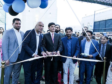 Ali Zeb Khan, (3rd from L); Dawood Khan, (2nd from L) and Zahid Hussain (2nd from L) during the opening ceremony of the Pakistan Future Fest in Dubai. 