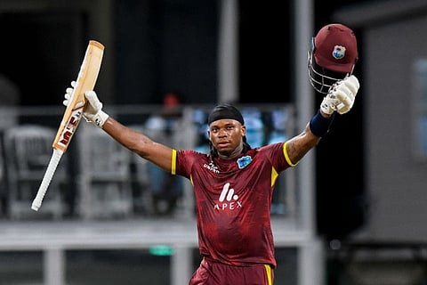 Keacy Carty of West Indies celebrates his century against England at Kensington Oval, Bridgetown, Barbados, on Wednesday.