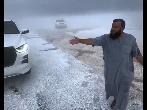 Unprecedented rains have swept through parts of Hail for several consecutive days, leaving vast areas covered in thick layers of hailstones and creating scenes reminiscent of a winter landscape in the desert region.