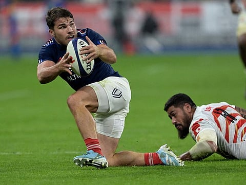 France's scrum-half Antoine Dupont catches the ball during the Autumn Nations Series International rugby union test match against Japan at the Stade de France in Saint-Denis, suburb of Paris, on November 9.