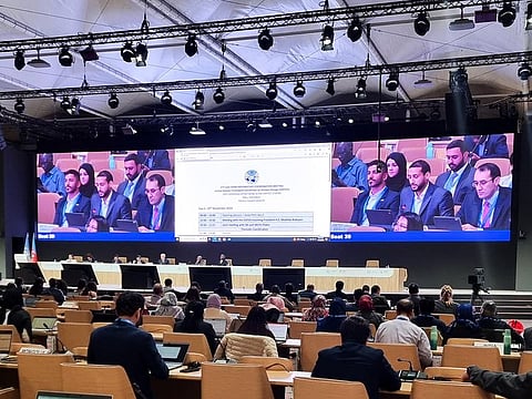 UAE COP28 negotiators address a coordination meeting ahead of the main COP29 sessions, which start on Monday, in Baku