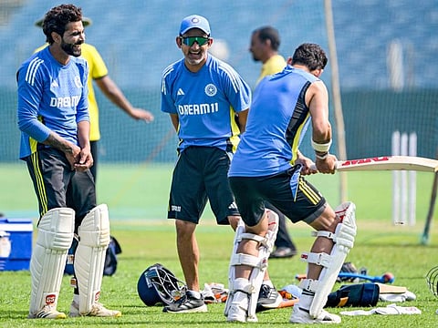 Indias Ravindra Jadeja, Virat Kohli and head coach Gautam Gambhir during a practice session at the Maharashtra Cricket Association Stadium in Pune on October 23.