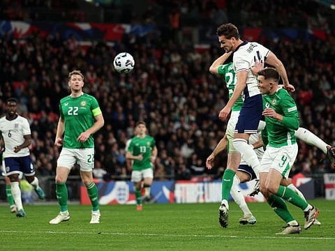 England's defender Taylor Harwood-Bellis scores the team's fifth goal during the Uefa Nations League, League B - Group 2, football match against Ireland at Wembley Stadium in London on Sunday.