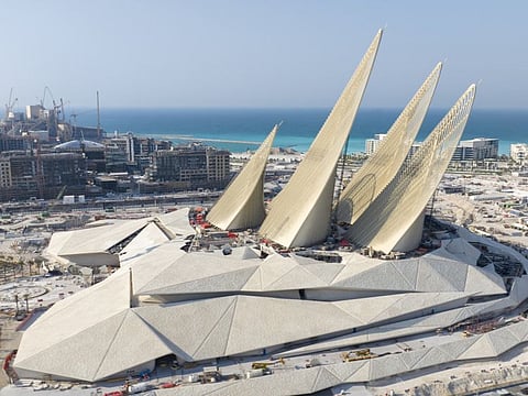 The Zayed National Museum's unique architecture includes five soaring steel structures that resemble the wings of a falcon in flight.
