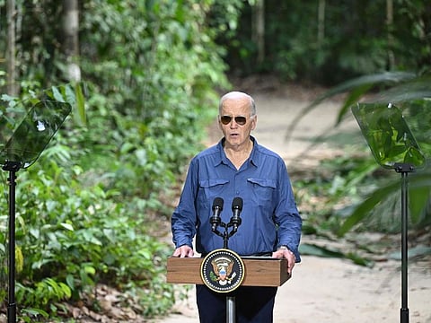 US President Joe Biden speaks after signing a proclamation designating November 17 as International Conservation Day during a tour of the Museu da Amazonia as he visits the Amazon Rainforest in Manaus, Brazil, on November 17, 2024.