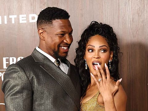 US actress Meagan Good shows off her engagement ring with fiance Jonathan Majors. 