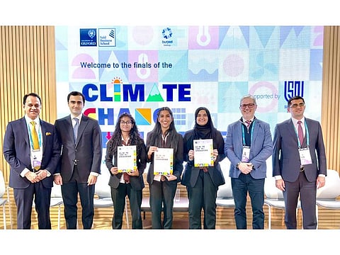 Team Plethora — Mehak, Parvi, and Tirushi — from The Cambridge High School in Abu Dhabi, beam with pride after clinching the top prize at the Climate Change Challenge Competition