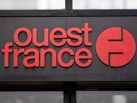 The logo of Ouest-France at the headquarters in Nantes, western France. The Ouest-France daily, sells over 600,000 paper copies a day, is the first French daily to quit X after Britain's The Guardian, La Vanguardia in Spain and Dagens Nyheter in Sweden.