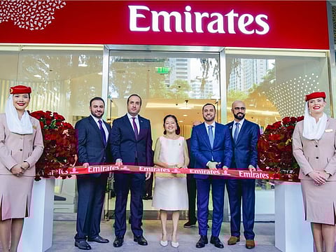 The new Emirates World Store Manila (BGC), inaugurated by Philippines First Lady Liza Araneta Marcos (centre), features the Emirates A380 onboard Lounge display.