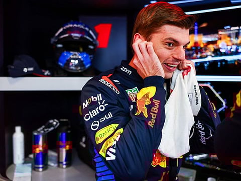 Red Bull's Max Verstappen prepares to drive in the garage during practice ahead of the F1 Grand Prix of Las Vegas.