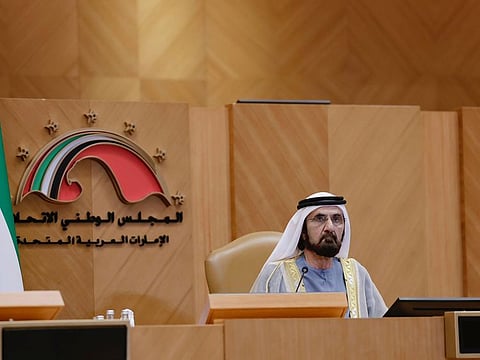 His Highness Sheikh Mohammed bin Rashid Al Maktoum, Vice President and Prime Minister and Ruler of Dubai, at the FNC session on Monday