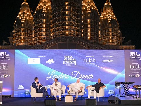Faisal Kottikollon, Suhel Seth and Leander Paes in conversation with Ben Thompson at the IGF ME&A Leaders Dinner hosted at the  BAPS Hindu Mandir, Abu Dhabi