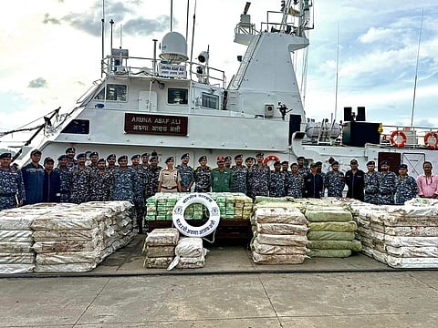 This handout photograph released on November 25, 2024 by the India's Ministry of Defence shows the seized methamphetamine drugs from a Myanmar's fishing boat, in Sri Vijaya Puram.   