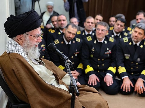 Iran's Supreme Leader Ayatollah Ali Khamenei addressing commanders of the navy during an official gathering in Tehran on November 27, 2024.  