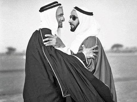 Iconic photograph of the father of the nation Sheikh Zayed bin Sultan Al Nahyan (right) and Sheikh Rashid Bin Saeed Al Maktoum.