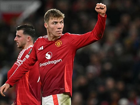 Manchester United's Rasmus Hojlund celebrates after scoring the team's second goal during the Uefa Europa  League clash against Bodoe/Glimt at Old Trafford stadium on Thursday.