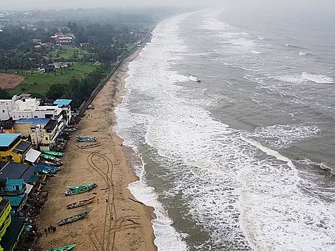 Aerial  view of high tide and waves lashing at the shores of Mahabalipuram, Tamil Nadu, on Friday.