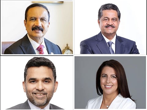 (Clockwise from top left) Dr Azad Moopen, Dr Thumbay Moideen, Amel Chadli, Dr Shamsheer Vayalil