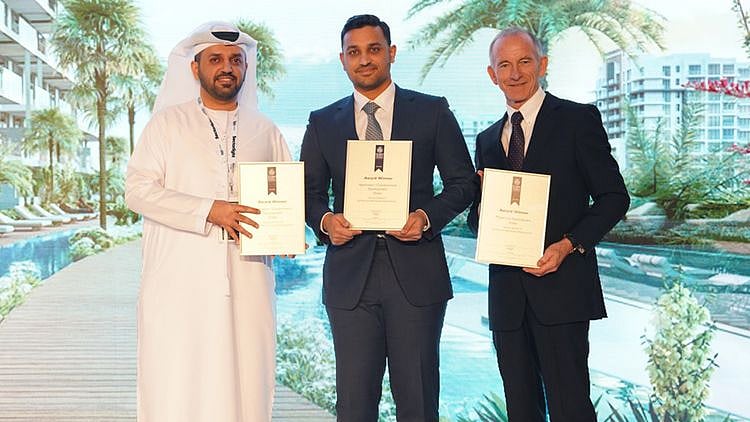 Shaheer Tabani (center), Director of Prescott Development, receives awards in three prestigious categories at The Arabian Property Awards