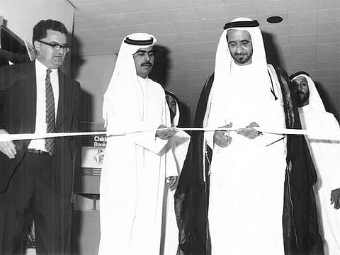 The late Sheikh Rashid Bin Saeed Al Maktoum cutting the ribbon at the opening of the new British Council building in Dubai in 1973.