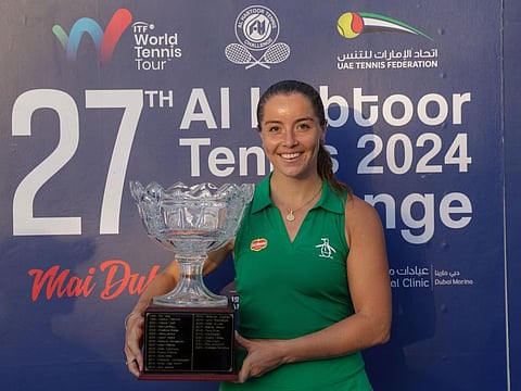 Jodie Anna Burrage with the trophy after winning the final against Polina Kudermetova in the 27th Al Habtoor Tennis Challenge on Sunday.