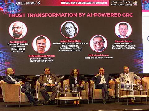 Ankit Satsangi, Director of Enterprise Development at BEEAH Group, Astrid Gobardhan, Head of International Privacy and Data Protection at Dubai Department of Economy and Tourism; Shanaka Perera, Senior Manager - IT at Ras Al Khaimah Tourism Development Authority; Prabhat Kumar Pathak, Director of IT Security at Gulf Marketing Group; and Dhiraj Sasidharan, Head of Security Assurance at a leading financial institution during a panel discussion at Gulf News' Cybersecurity Forum