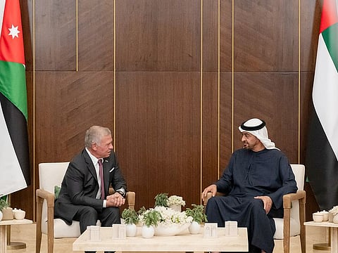 President His Highness Sheikh Mohamed bin Zayed Al Nahyan, (R) meets with King Abdullah II bin Al Hussein of Jordan (L), at Al Bateen Airport. 