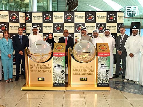 Dubai Duty Free Managing Director, Ramesh Cidambi (5th L) during the Dubai Duty Free draw on Wednesday at the Dubai International Airport.