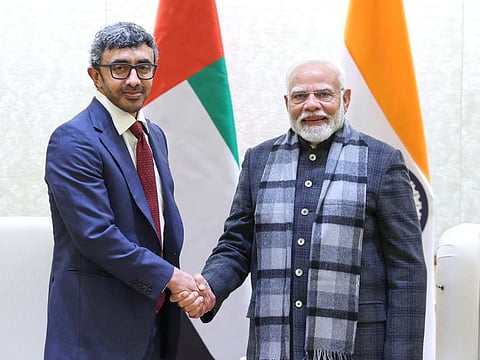 Sheikh Abdullah bin Zayed Al Nahyan, UAE’s Deputy Prime Minister and Minister of Foreign Affairs, meets on with Narendra Modi, Prime Minister of India, in New Delhi, on Thrusday, December 12, 2024. 