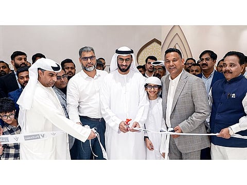 Sainulabdeen Salim, President of the Indian Association of Ras-Al-Khaimah; Faizal CP, one of the founders of V Perfumes; Mohammed bin Kayed Al Qasimi, Chairman of the Ras Al Khaimah Department of Economic Development, & the other founders of V Perfumes: Basheer Gurukkal CP and Faizal Abbu Yusuf Abdullah