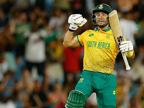 South Africa's Reeza Hendricks celebrates after scoring a century during the second T20 international crcket match against Pakistan at Supersport Park in Centurion on December 13, 2024. 