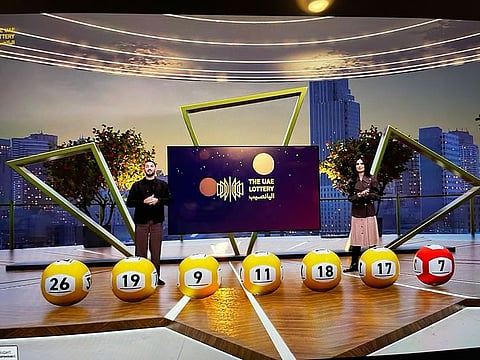 The live inaugural draw of the UAE Lottery co-hosted by Diala Makki and Chadi Khalaf on Saturday evening.  