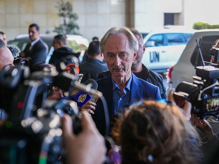 Special envoy Geir Pedersen talking to reporters outside a Damascus hotel on December 15, 2024.   