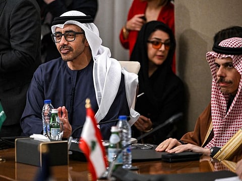 Sheikh Abdullah bin Zayed Al Nahyan, UAE's Deputy Prime Minister and Minister of Foreign Affairs, and Saudi Arabia's Foreign Minister Prince Faisal bin Farhan Al Saud attend a meeting with the foreign ministers of the Arab Contact Group on Syria in Jordan's southern Red Sea coastal city of Aqaba on December 14, 2024.  