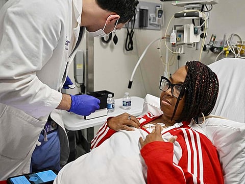 Towana Looney, 53, who received a gene-edited pig kidney undergoes medical testing with Dr. Jeffrey Stern, MD at NYU Langone Health on December 11, 2024 in New York. 