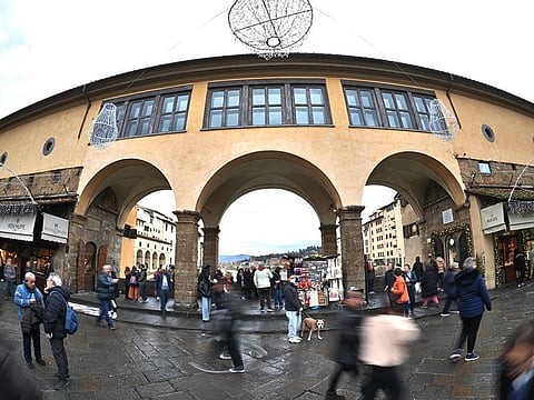 This photo show a view of the windows of the Vasari Corridor, above the Ponte Vecchio in the centre of Florence, during the press preview, before the opening to the public, on December 19, 2024. 