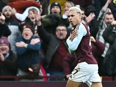 Aston Villa's midfielder Morgan Rogers celebrates after scoring their second goal during the English Premier League football match against and Manchester City at Villa Park in Birmingham, central England on December 21, 2024. 