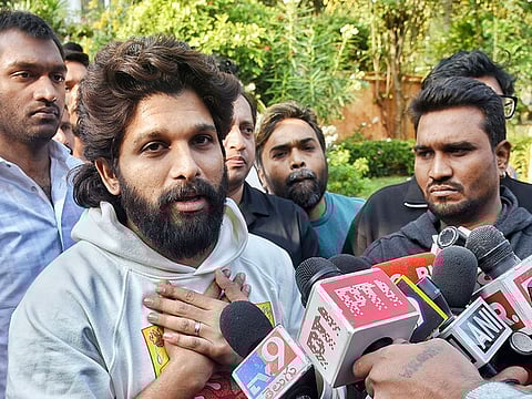 Actor Allu Arjun speaks to the media at his residence.