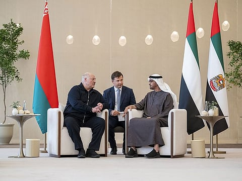 President His Highness Sheikh Mohamed bin Zayed Al Nahyan with Aleksandr Lukashenko, President of Belarus on Sunday in Abu Dhabi