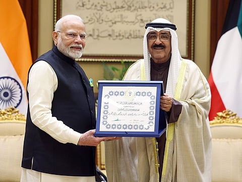 Emir of Kuwait Sheikh Meshal Al Ahmad Al Jaber Al Sabah honours Indian Prime Minister Narendra Modi with Kuwait's highest award ‘The Order of Mubarak Al Kabeer’ in a ceremony, on Sunday.  