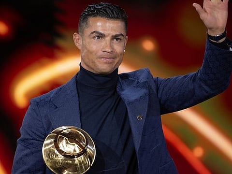 Cristiano Ronaldo receives the prestigious Maradona Award for Best Goalscorer at the 2023 Globe Soccer Dubai Awards.