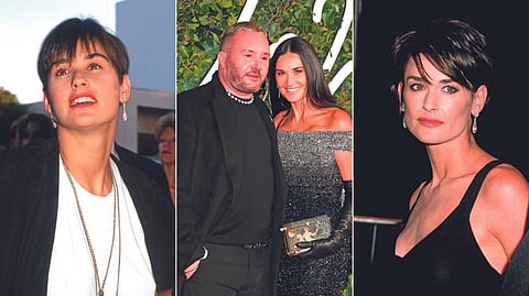 From Left: Demi Moore from 30 years ago; with Kim Jones recently, her lustrous hair and glowing skin belying her age; at the premiere of her path-breaking film G.I. Jane 